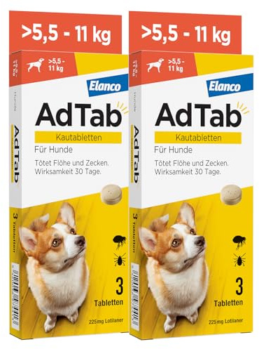 AdTab Hund 5,5-11 kg - Kautablette gegen Zecken & Flöhe, Doppelpack(6 St.) | Kleine Kautablette mit Rindfleischgeschmack. 3 Monate Floh- & Zeckenschutz für deinen Hund, schnelle Wirkung & einfache Gabe.