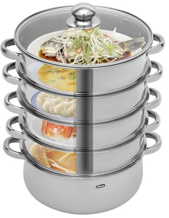 awolsrgiop Mantowarka Dampfkocher, 5 Lagiger Dampfkocher Dampfkocher Edelstahl Schongarer mit Glasabdeckung, Induktion Kochtopf Dampfgarer -28cm /11 Zoll