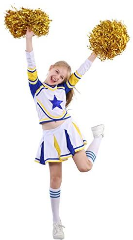 LOLANTA Mädchen Karneval Kostüm, Cheerleader Uniform Outfit + Poms + Socken Kleidung Kleid, Gelb, Etikettengröße: 140