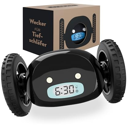 CLOCKY Lauter Digital Wecker Laut für tiefschläfer Erwachsene Jugendliche Lustig für schwerhörige schwere Schläfer auf Rädern Weglaufen Fahrender Springen Wegrollen Lustiges Geschenk (Schwarze Räder)