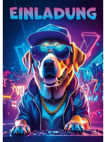 Moosthaler Einladungskarten Kindergeburtstag Junge - 12x lässige DJ Hund Einladungen - Musik Motto Party - Neon Design - Einladungen Kindergeburtstag Jungs - Geburtstagseinladungen Jungen