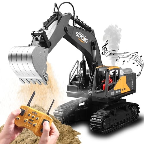 TOMOROY Fernbedienung Bagger Spielzeug 16 Kanal Fernbedienungsbagger Konstruktionsspielzeug Traktor, Simulierter Rauch, Klang, Beleuchtung, Metallgrabenkopf, RC-LKW-Geschenke für Jungen