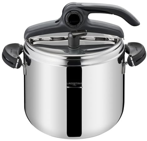 Lagostina Mia Lagoeasy'UP 7 l Schnellkochtopf aus Edelstahl 18/10, Ø 22 cm, Dampfkochtopf für Induktion und Gas, Vereinfachtes Öffnen des Deckels, mit 3-lagigem Irradial-Plus-Boden, Spülmaschinenfest