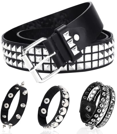 AKINSTER Nietengürtel, 4-Teiliges Set Studded Belt Nietenarmband Nietengürtel Damen und Herren Y2K Gürtel Punk Rock Accessoires für 80er-Jahre Party Halloween Weihnachten Unisex