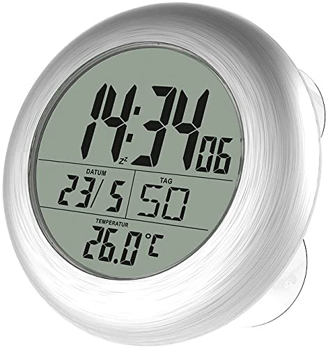 infactory Funkuhr mit Saugnapf: Digitale Bad-Funk-Wanduhr mit Thermometer, Alu, Saugnäpfe, IP24 (Badezimmer Funkuhr Digital, Badezimmer mit Saugnapf, Pool)