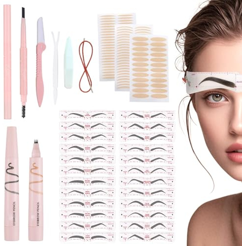 24Pcs Augenbrauen Schablone Augenbrauenschablonen Damen Augenbrauen Schablonen für Frauen Augenbrauen Former Wiederverwendbar für Schnell Make-up mit 4 Augenbrauenstift 1 Trimmer 144 Schlupflider Tape