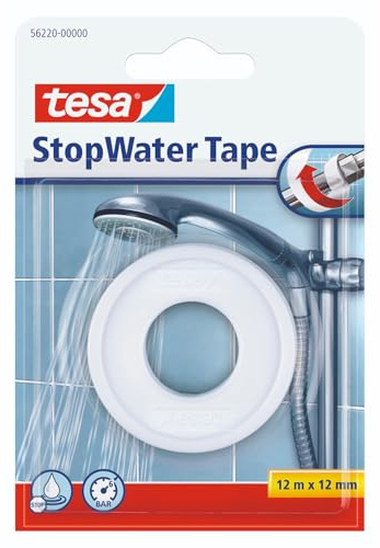 tesa Dichtungsband StopWater, wasserfestes Abdichten, Druckbeständigkeit bis zu 6 bar, einfache Anwendung, 12m x 12mm, weiss
