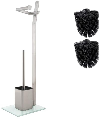 WC Garnitur - Mattes Chrom - 22 x 18 x 70 cm - Inkl. Toilettenpapierhalter Und Toilettenbürste - Rostfreier Edelstahl - Standfuß Aus Glas Mit Klobürste - Plus: 1 und 2 Klobürstenköpfe Zum Austauschen
