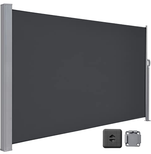 LARMNEE Seitenmarkise mit Stahl-Kasten, ausziehbar, 160 x 400 cm, Rostbeständig, Windschutz, Sonnenschutz, Seitenrollo, Blickdicht, für Balkon, Terrasse, Garten, Anthrazit EBK164TBP02