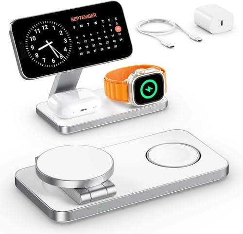 Kabelloses Ladegerät mit MagSafe, 3 in 1 Ladestation für Apple Faltbar Induktive Wireless Charger für iPhone 17e/17/16/15/14/13/12/Air, Apple Watch 10/9/8/7/6/SE/5/4/3/, AirPods Pro