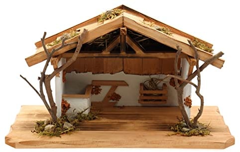 ELLUG Holz Krippenstall, Weihnachtskrippe 38 * 18 * 21cm Holzstall Krippe (OHNE Krippenfiguren)