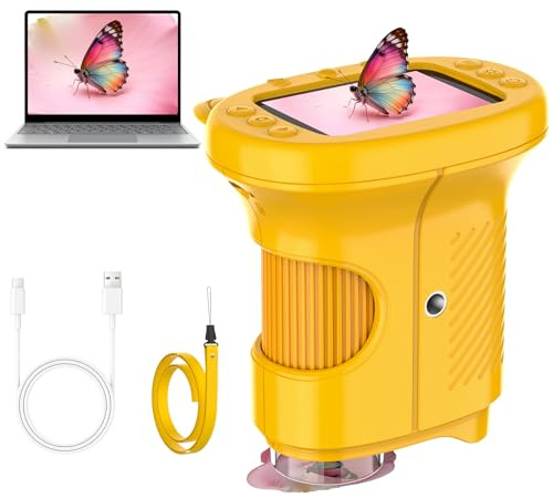 Misilmp Mikroskop für Kinder, 1000 Fache Digitales Kindermikroskop mit 2,4 Zoll IPS Bildschirm, Tragbares Taschenmikroskop mit 8 LEDs für Kindergeburtstage, Weihnachten und ab 3 Jahren (Gelb)