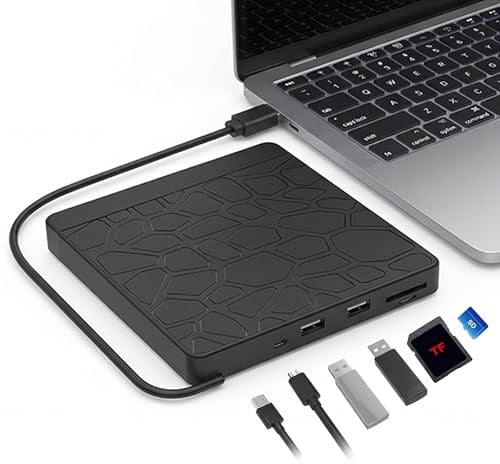 Zevmi Externes CD/DVD Laufwerk – USB 3.0 Type-C DVD-Brenner mit SD/TF-Leser | Externer DVD Brenner mit USB Anschlüssen für Laptop, Desktop, MacBook, Windows 11/10/8/7, Linux und Mac OS Vista