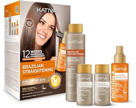 KATIVA Brasilianisches Keratin Haarglättungs-Set mit Hyaluronsäure & Potion 4 Hitzeschutzserum – Formolfreie Glättung für zu Hause – Bis zu 12 Wochen Frizz-Kontrolle für alle Haartypen