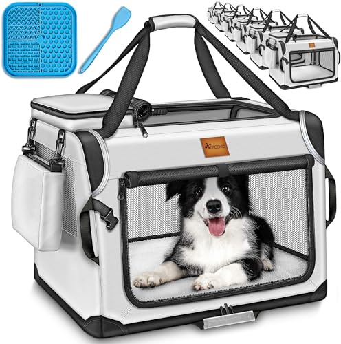 TRESKO® Hundebox faltbar inkl. Leckmatte, Spatel & Reflektoren S 50x34x34cm | Transportbox für Hunde und Katzen | Hundetransportbox Auto für kleine & große Hunde | Hundetasche robust Grau