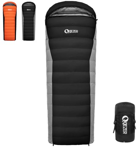 QEZER Daunenschlafsack,schlafsack kleines packmaß , 600FP+ Premium-Daunen, 12°C bis -24°C, leicht und warm für 3-4 Jahreszeiten, Camping, Wandern und Outdoor-Trekking