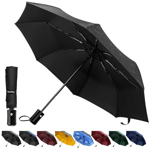 TechRise Regenschirm, klassisch, winddicht, automatisch, zusammenklappbar, kompakt, mit einem Knopf, automatisches Öffnen und Schließen-schwarz