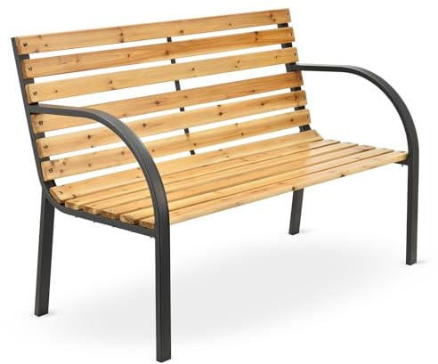 Juskys 2-Sitzer Gartenbank Modena mit Rücken- & Armlehnen, Bank wetterfest aus Holz & Stahl, 120x62x82 cm, Sitzbank klassisch für Garten, Balkon, Terrasse