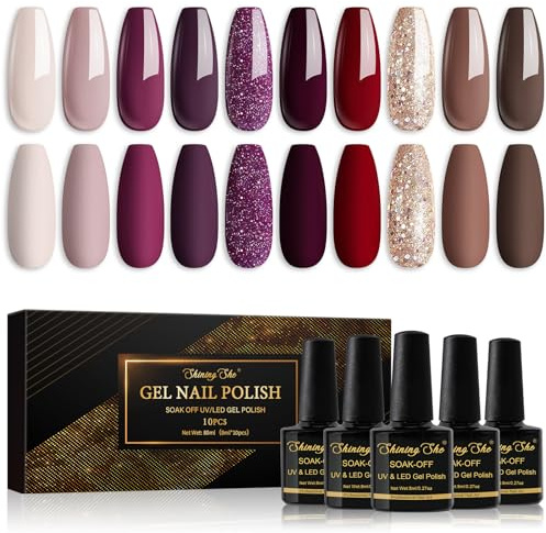 Shining She UV Nagellack,10 Farben Nude Beige Rot Dunkelviolett Dunkelrot Braun Golden Glitzer Gel Nagellack Soak-Off UV nagellack Set für Anfänger DIY Nail Art Set,8ml