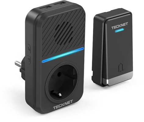 TECKNET IP65 Funkklingel Batterielose EU-Steckdose und USB 400M Reichweite | 60 Klingeltöne, 5 Tonstufen, LED-Blitz, IP65 wasserdicht außen, kein Batteriewechsel, 1 EU-Steckdose und 2 USB