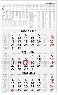 Zettler 3-Monatskalender schwarz/rot 2026 – Wandkalender 30 × 49 cm, 3 Monate pro Blatt mit Datumschieber, Jahresübersicht, Ferien, Wochenzählung, Kopftafel 15 cm, perforiert, Kalendarium deutsch