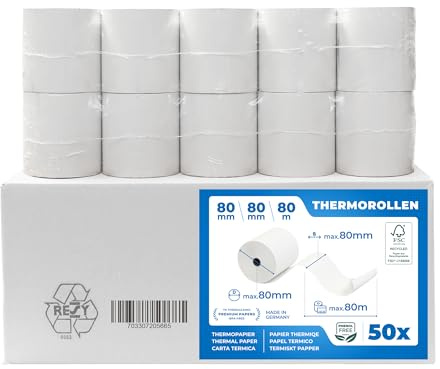 TK THERMALKING Thermorollen 80x80x12 mm Bonrollen BPA-frei 50 Stk f. Kasse | Geeignet für Drucksysteme mit Papierbedarf bis 80 m · BPA-frei · FSC · deutsche Marke · für POS-Kassen & Bondrucker