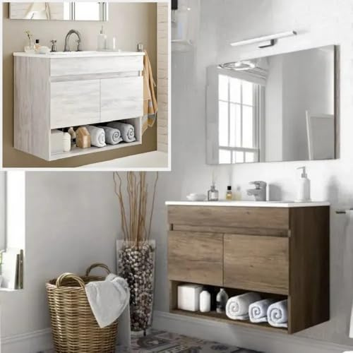 Bagno Italia Hängender Badezimmerschrank 80 cm Nordik Eiche mit Waschbecken Spiegel Moderne Hängemöbel Möbel