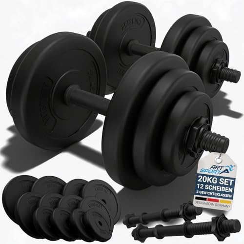 ArtSport® 2er Hantelset 20kg - Kurzhantel Set mit 2 Kurzhanteln, 12 Gewichte/Hantelscheiben und Sternverschlüsse - Krafttraining Kurzhantelset Hantel