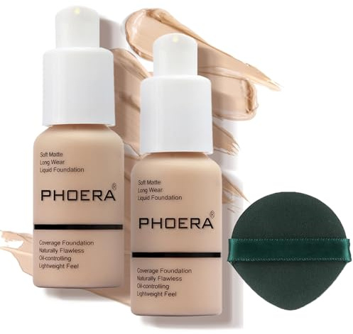 PHOERA Foundation 2er Set,Matte Flüssig Foundation mit voller Deckkraft,24H langanhaltend Make-up,wasserfest,ideal für reife Haut,deckt Hautunreinheiten,Rötungen,für Alltag,Party (2 Stück 102)