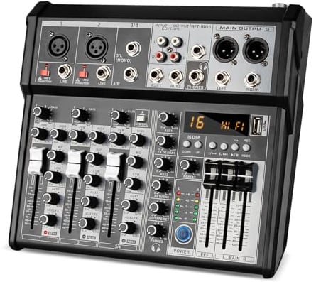 Depusheng Professioneller Audiomixer, 4-Kanal-Audio-Interface-Soundboard-Mischpultsystem, 16-Bit-DSP-DJ-Bluetooth-Mixer + 48-V-Phantomeffekt für Karaoke-Studio-Streaming-Aufnahmen (XT4 EU)