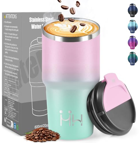HoneyHolly Thermobecher 600 ml, Wiederverwendbar, Edelstahl Kaffeebecher-to-go Thermo, Auslaufsicher, Doppelwandiger Trinkbecher, Isolierbecher, Travel Mug für Heißen Kaffee, Tee und Kalte Getränke