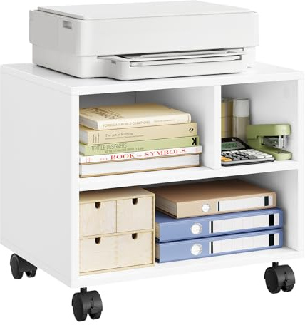 WOLTU Druckertisch mit Rädern, mobiler Druckerständer, Druckerhalter, Druckerwagen auf Rollen, Bürocontainer rollbar, Aktenwagen, mit 3 Fächern, für Büro Arbeitszimmer, 40x35x30 cm, weiß, ASK06ws