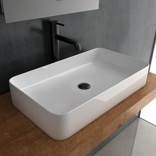 Alpenberger Aufsatzwaschbecken 60 cm Breit mit Nano Beschichtet | Sauberes Keramik Waschbecken Eckig | Waschtisch ohne Hahnloch für Bad & Gäste-WC | Design Aufsatz-Waschschale Modern ohne Überlauf
