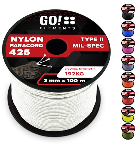 GO!elements Paracord Seil aus reißfestem Nylon - 3mm Paracord 425 Typ II max. 192kg - Schnüre als Outdoor Seil, Allzweckseil, Survival Seil, Armband, Hundeleine, Nylonschnur