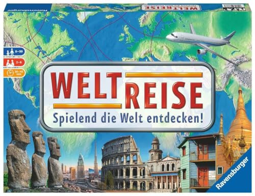 Ravensburger Familienspiel 26888 - Weltreise - Familienklassiker ab 8 Jahren - Gesellschaftsspiel, Reise einmal um die Welt, Brettspiel für bis zu 6 Spieler - über 170 Städte