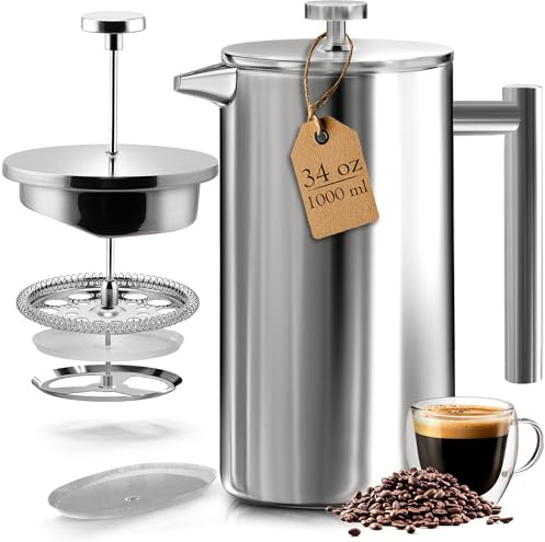 KICHLY Cafetiere 8 Tassen Edelstahl French Press Kaffeebereiter, Kaffeepresse mit 3 Stufen Filtrationssystem – Doppelwandig Isolierte Kaffettiere mit 1 Extra Filter – 1000ml / 34oz – Silber