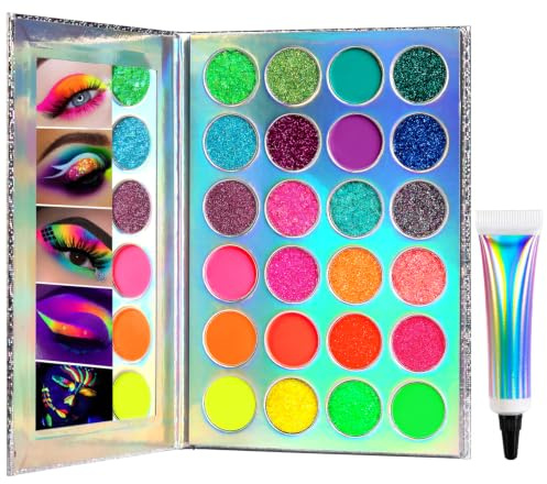Bunt Neon Lidschatten Palette Glitzer,Afflano UV Grow Blacklight Makeup Eyeshadow Palettes Matte Glitter,für Augen,Gesicht,Körper,Hochpigmentierte Rot Gelb Lila Grün,Eye Shadow+Lidschattengrundierung