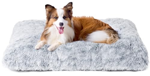 EHEYCIGA Flauschig Hundebett Mittelgroße Hunde, 90x60cm, Hundekissen Grosse Hunde Waschbar, Kuschelig rutschfest Hundematte mit Langem Plüsch, Grau