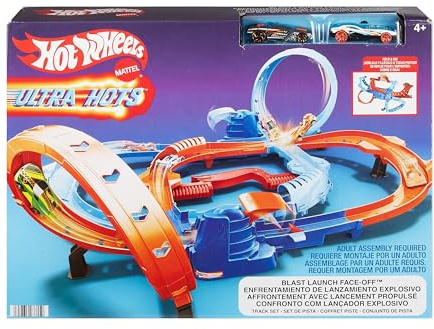 Hot Wheels Spielzeugauto Trackset, Ultra Hots Rasanter Wettkampfstart mit 2 Fahrzeugen im Maßstab 1:64, Kopf-an-Kopf-Rennen und Stunts, 2 manuell bedienbare Starter, HXR71