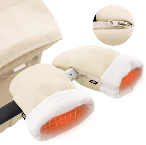 Baby Uma Kinderwagen Handwärmer Handschuhe - Fleece-gefütterte & wasserabweisende Kunstleder Handwärmer Kinderwagen, universelles Handmuff mit Reissverschluss (Beige)