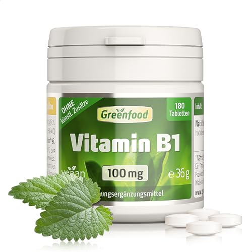 Vitamin B1, hochdosiert, 100mg - 180 Tabletten, vegan. Vitamin B 1 (Thiamin) - wichtig für für Nervensystem & Energiehaushalt. OHNE künstliche Zusätze - laborgeprüft. Von Greenfood.