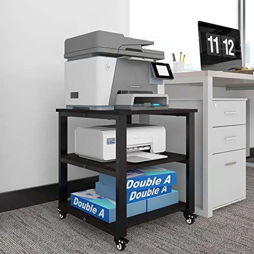 PUNCIA 3-Ebene Druckertisch mit Universalrollen mobiler Druckerständer Druckerwagen Rollwagen Aufbewahrungsregal 50 x 50 x 50 cm Schwarz für Büro Zuhause Office Schule Arbeitszimmer