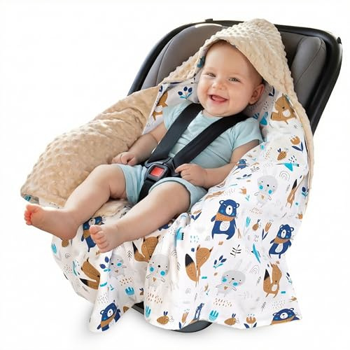 Medi Partners Einschlagdecke für Babyschale Ganzjahres-Babydecke universal 85 x 85 cm für Kinderwagen Buggy und Autositz Kuscheldecke (Boho Animals mit beige Minky)