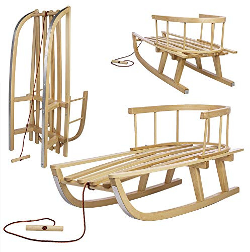 Holzschlitten für Kinder mit Rückenlehne und Zugseil - Klassischer Schlitten mit Stahlkufen - Geprüfte Sicherheit mit schützenden Seitenstangen - Braun lackiert 90 x 33 x 38cm