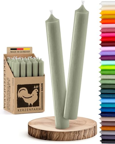 Stabkerzen Salbeigrün, Eukalyptus Grün - Premium Qualität [Made in Germany] - 10 Spitzkerzen durchgehend gefärbt - 22mm Durchmesser, 18cm Höhe - Kerzenfarm Hahn - lange Brenndauer (8+ Stunden)