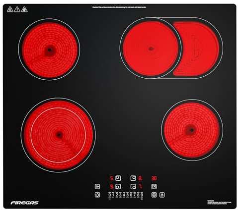FIREGAS Glaskeramikkochfeld 4 platten autark, Einbau mit Doppelzone | 59cm, 7200W, Slider Touch, 9 Leistungsstufen, Kindersicherung, Restwärmeanzeige, Ohne Stecker, für alle Töpfe