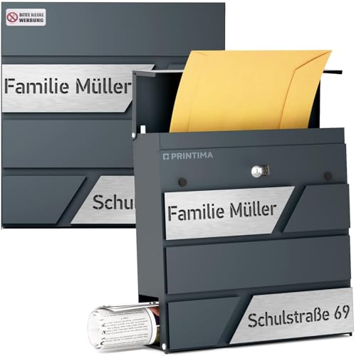 PRINTIMA Julia Gravur Briefkasten Anthrazit RAL7016 mit Zeitungsfach, personalisiert mit Name, wetterfest, pulverbeschichtet, Stahl, Wandmontage
