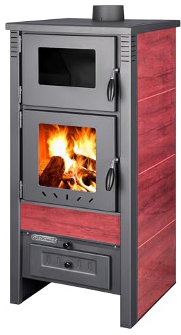 ProTermo Taurus Rot Kaminofen mit Backfach – 12kW Heizleistung - Holzofen mit Schamottstein Energieeffizienzklasse A 52 x 50 x 107cm 2 Sichtfenster