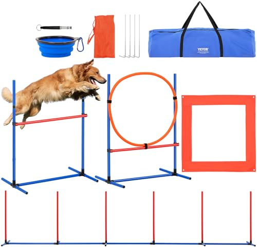 VEVOR Agility Set Hunde, 4-teiliges Set mit verstellbaren hohen Hürden, 6 Slalomstangen, Sprungring, quadratischer Pausenbox, Pfeife, Faltbarer Schüssel, Hindernisparcours-Set für Welpen