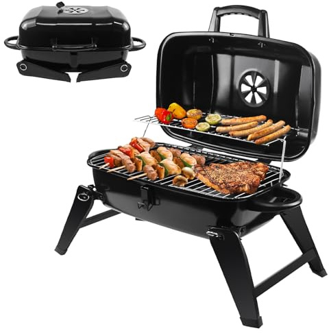 kisidus Klappgrill Holzkohlegrill Portable, Tischgrill Campinggrill mit Deckel, Tragbarer BBQ Grill für Camping Garten Picknick Party